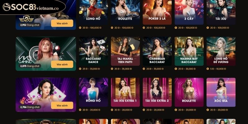 Trải Nghiệm Casino Livestream SOC88 Đỉnh Cao Không Thể Bỏ Lỡ 3 Tổng hợp các tựa game hot hit có mặt tại Casino Livestream